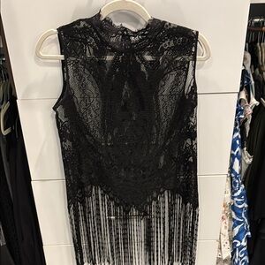 Zara- Black Lace Fringe Sleeveless Top, small